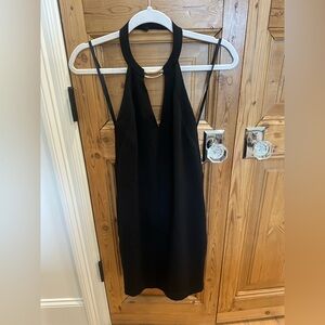 Black Halter Mini Dress with Gold Ring Detail